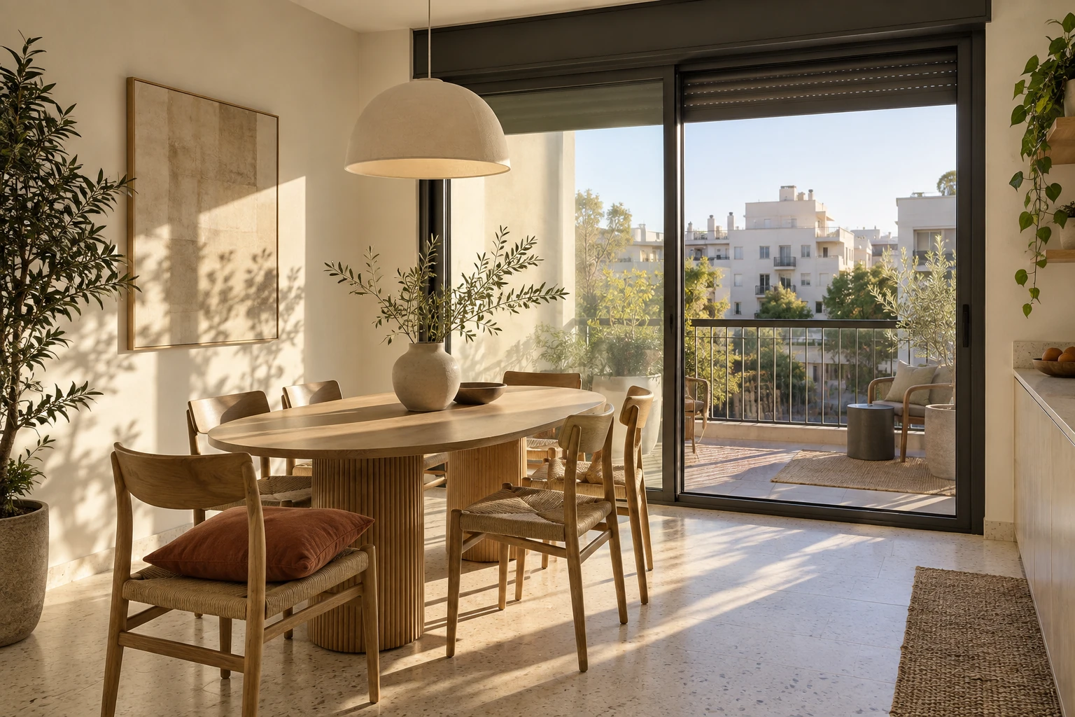 הדמיית פינת אוכל לצד המרפסת, עם שולחן עץ ותאורה תלויה
