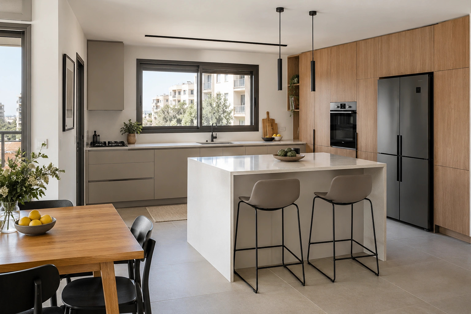 הדמיית מטבח בדירה עם ארונות עץ ומשטח בהיר